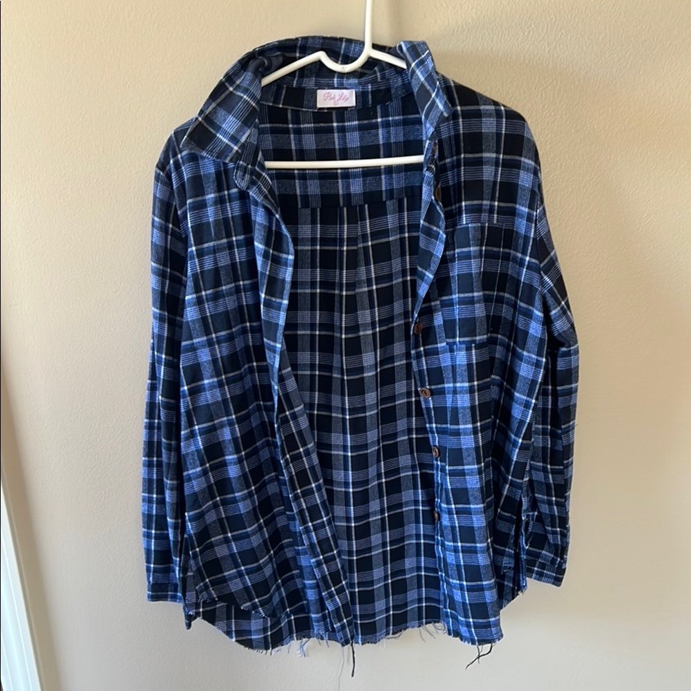 Pink Lily Blue Casual Button Down Shirt